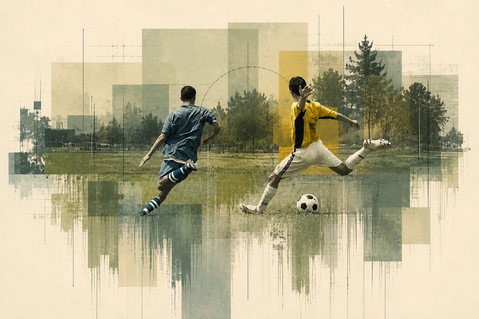 Illustration zweier Spieler im Zweikampf auf dem Rasen, aufgebaut aus überlagerten Farbflächen und Konstruktionslinien